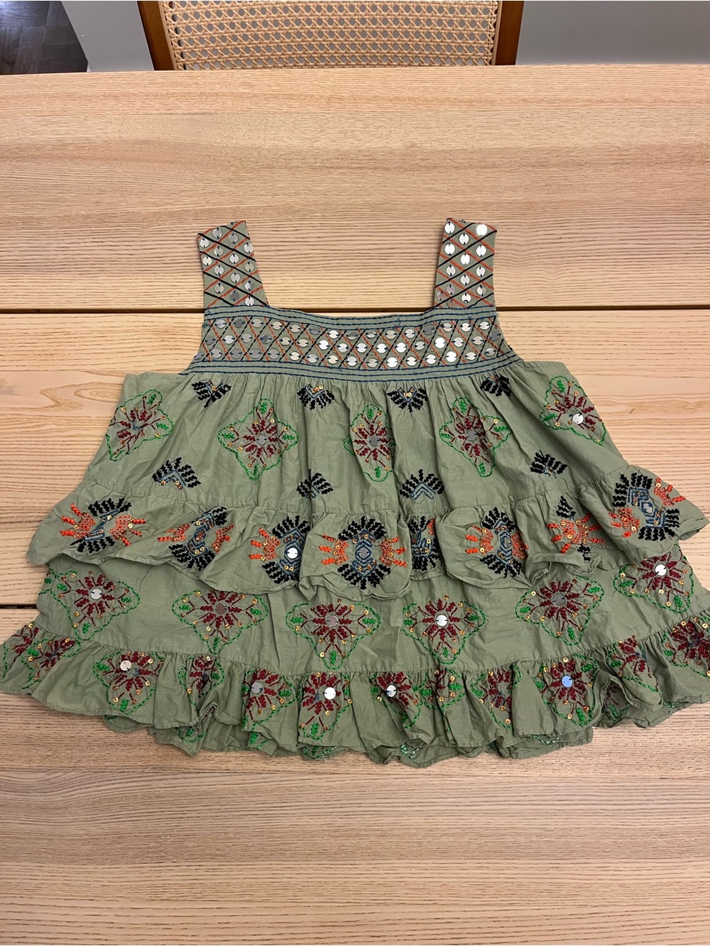 Anthropologie Olive Green Embroidered Ruffle Tank